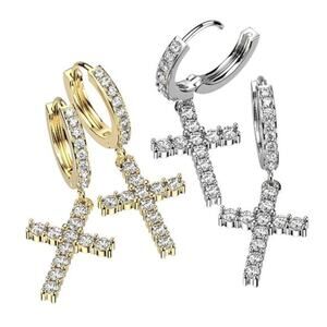 NWOT Pair of CZ Paved Front With CZ Paved Cross Dangle Hoop Earrings Platinum‎